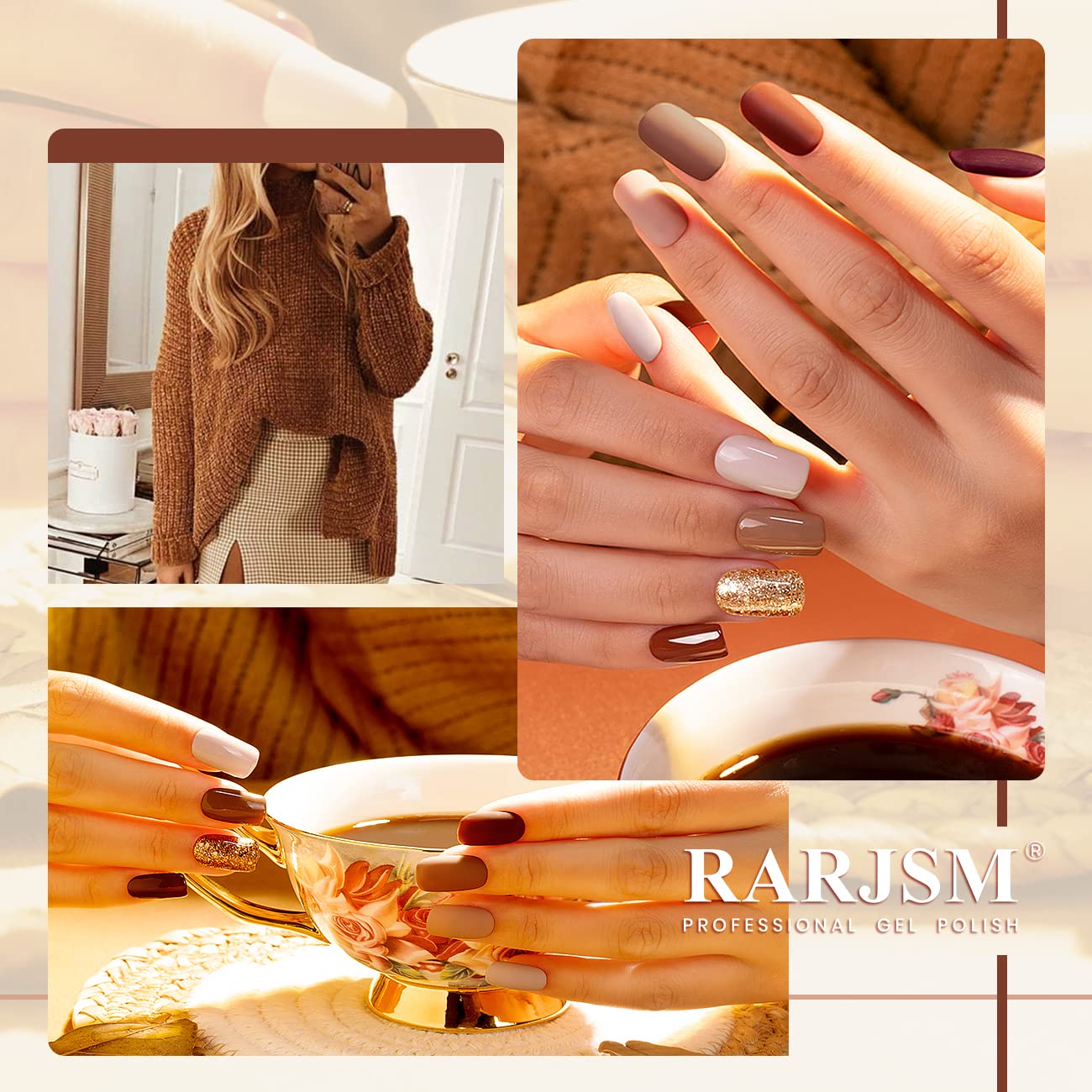 RARJSM Gel Nail Polishes Set of 6pcs Brown Coffee Wine Red Burgundy Nude Purple Pink Champagne Gold Glitter Winter Color Gel Polish Soak Off Curing Require Nail Manicure Salon Beginner DIY at Home