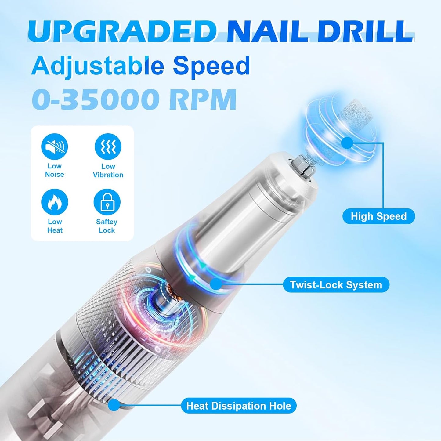 Professional Nail Drill, 35000RPM Electric Nail File, Rechargeable Cordless Machine, Nail Drill Kit with Bits, Portable Electric Nail Filer Manicure Pedicure (White)