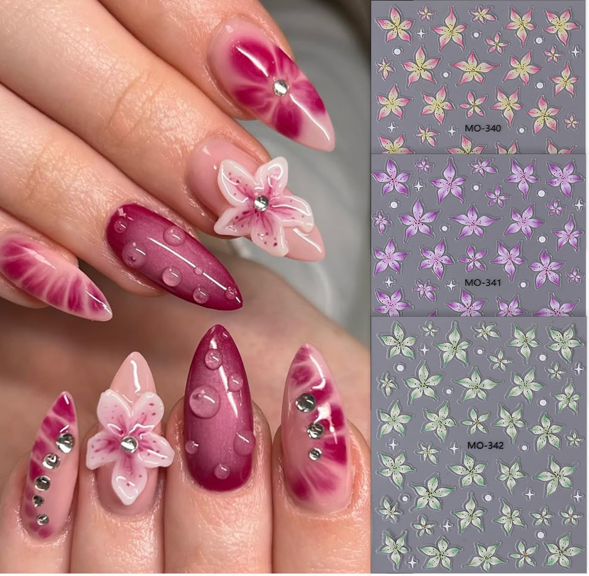 3 Sheets Flower Nail Decals, Lily Nail Stickers, 3D Self-Adhesive Nail Design Stickers for Woman Daily Festival DIY Pink Purple Green Floral Manicure Decoration Supplies