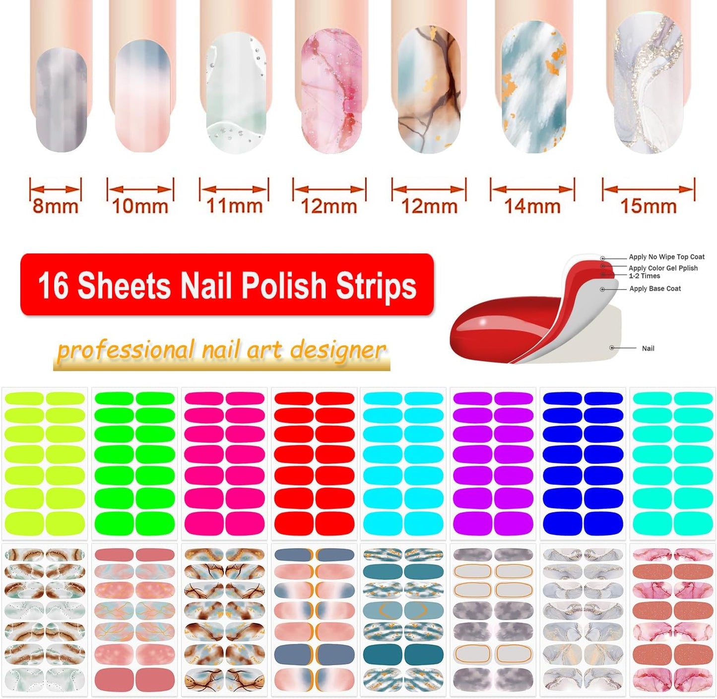 DANNEASY 16 Sheets Nail Polish Strips for Women Girl Marble&Fluorescence Nail Polish Stickers Full Nail Wraps Gel Nail Strips Self Adhesive Manicure Design Sticker Nails with File, Cuticle Stick