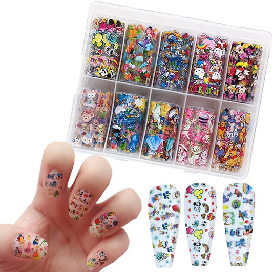 10 Rolls Cute Cartoon Nail Foil Transfer Stickers Nail Art Supplies Designer Nail Stickers Holographic Nail Art Foil Decals Cartoon Nails Designs for Women Acrylic Nails Decoration