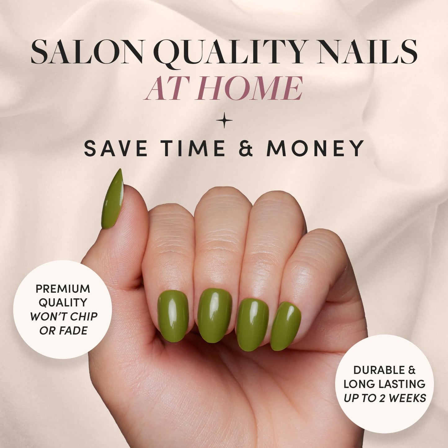 Glamnetic Press On Nails - Moss Green | Opaque Earthy Green Short Oval Fake Nails, Salon Quality | 15 Sizes - 30 Nail Kit