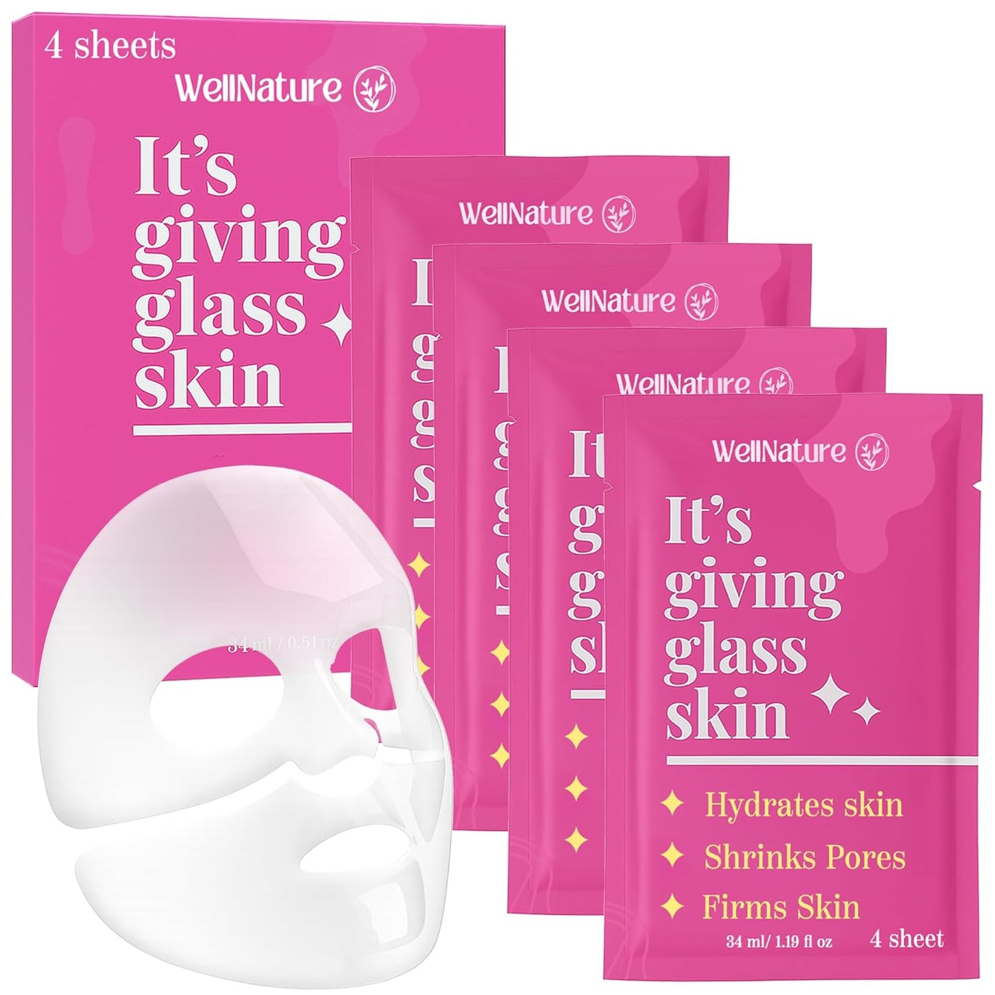Wellnature™ The Original Overnight Deep Collagen Mask - It's Giving Glass Skin Sleep Mask - Deep Hydrating Bio-Collagen + Oligo-Hyaluronic Acid Facemask - Skincare For All Skin Types, Pack of 4