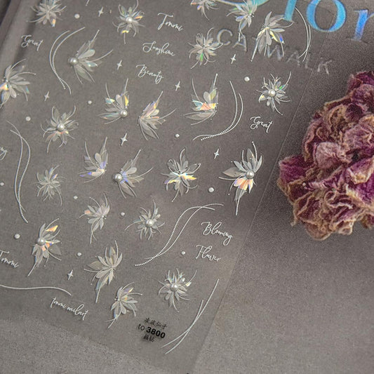 1 Sheet Shell Light Flower Nail Sticker with Rhinestone Design, White Line Nail Decals, 5D Embossed Self-Adhesive Nail Design Stickers for Women Daily DIY Manicure Decoration Supplies