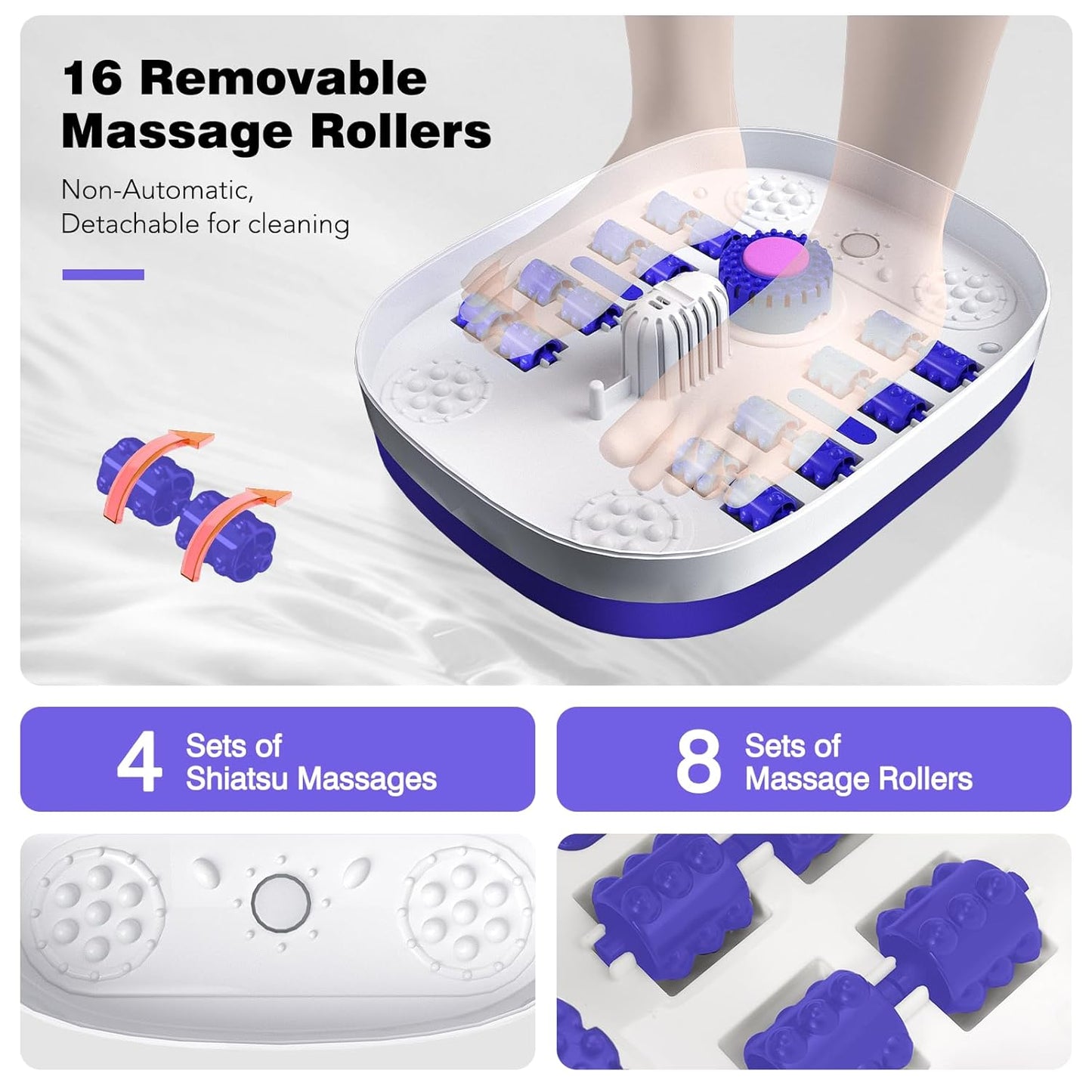 KNQZE Collapsible Foot Spa with Heat, Remote Control, Temperature Control, Bubbles, Pumice Stone, Red Light, Timer, 16 Massage Roller Pedicure Foot Bath Tub Foot Soaker for Feet Stress Relief, Purple