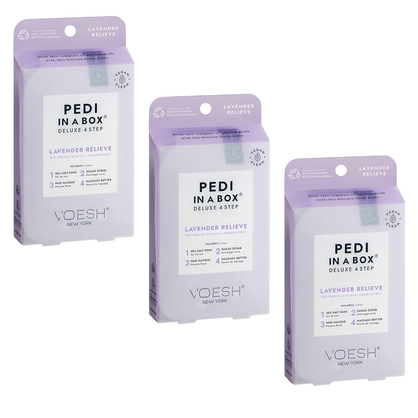 VOESH Pedi in a Box 4 Step Lavender - 3 Pack, Relaxing Spa Pedicure, At-Home Pedicure, DIY Pedi, Pedicure Supplies, Foot Care, Foot Spa, Vegan