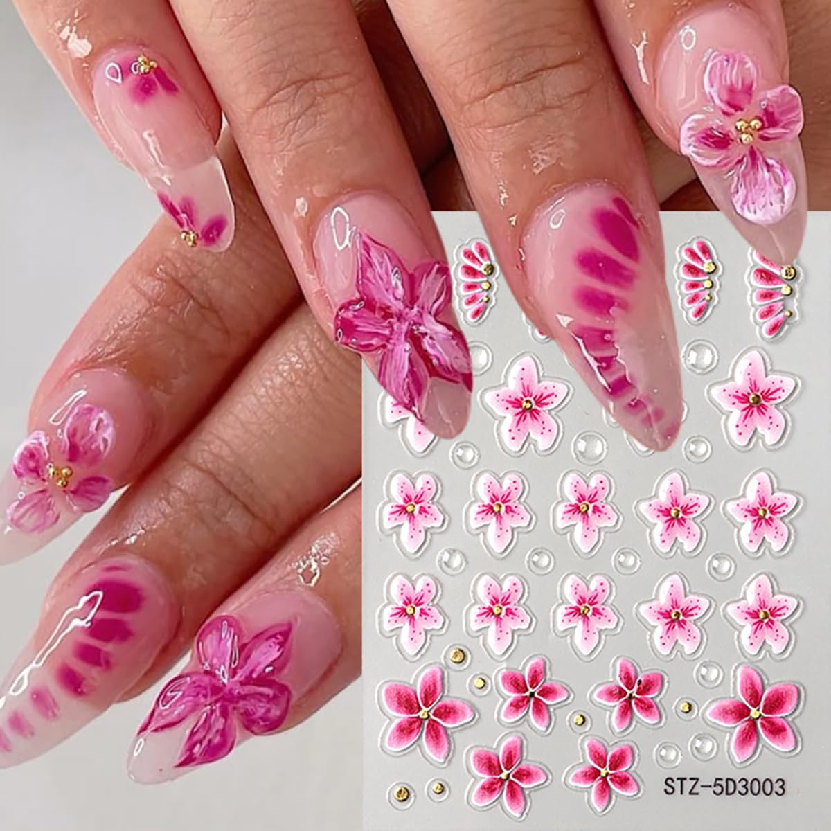 Flower Nail Stickers 5D Embossed Cherry Blossom Nail Decals Pink Floral Gold Star French Nails Art Stickers Cute Nails Supplies Spring Flower Manicure Decoration Accessories Charms for Women Girl 4Pcs