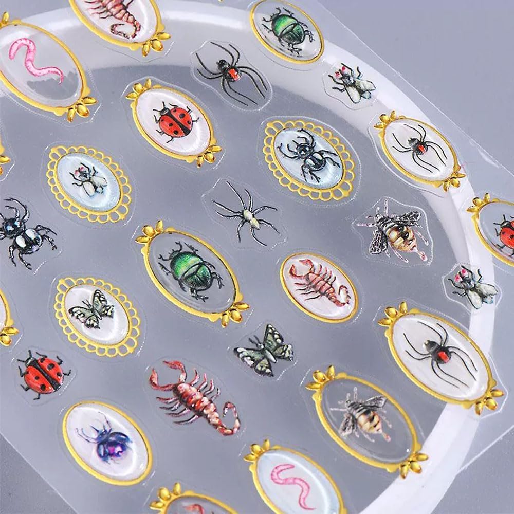 2 Sheets Nail Stickers for Nail Art, Spring Summer 5D Embossed Insect Nail Decals Centipede Spider Butterfly Golden Edge Design Self-Adhesive Nail Supplies Nail Art Accessories