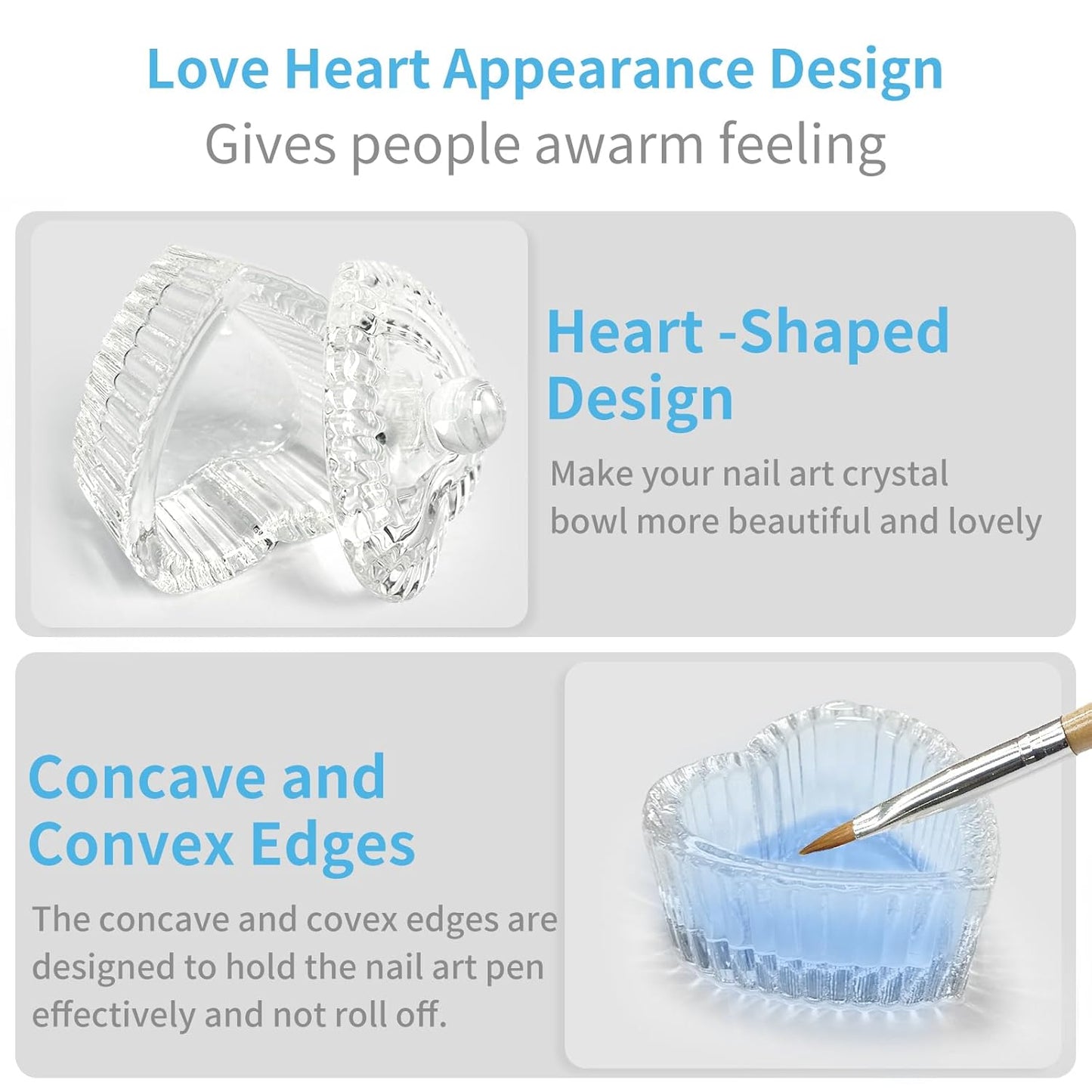 Crystal Sweet Heart Shape Acrylic Liquid Powder Glass Dappen Dish Glass Cup w Cap Lid Bowl for Acrylic Nail Art Transparent Kit (HJ-NAPB018-Clear-2pcs)