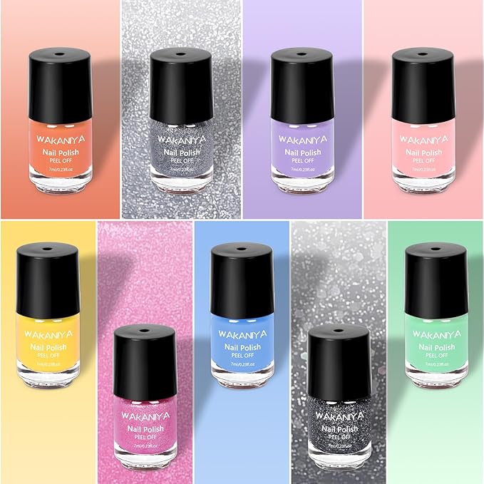 Kids Nail Polish for Girls with Gems Stickers, Non-Toxic Peel-Off Quick Dry Mini Nail Polish 9 Colors Set for Ages 3+