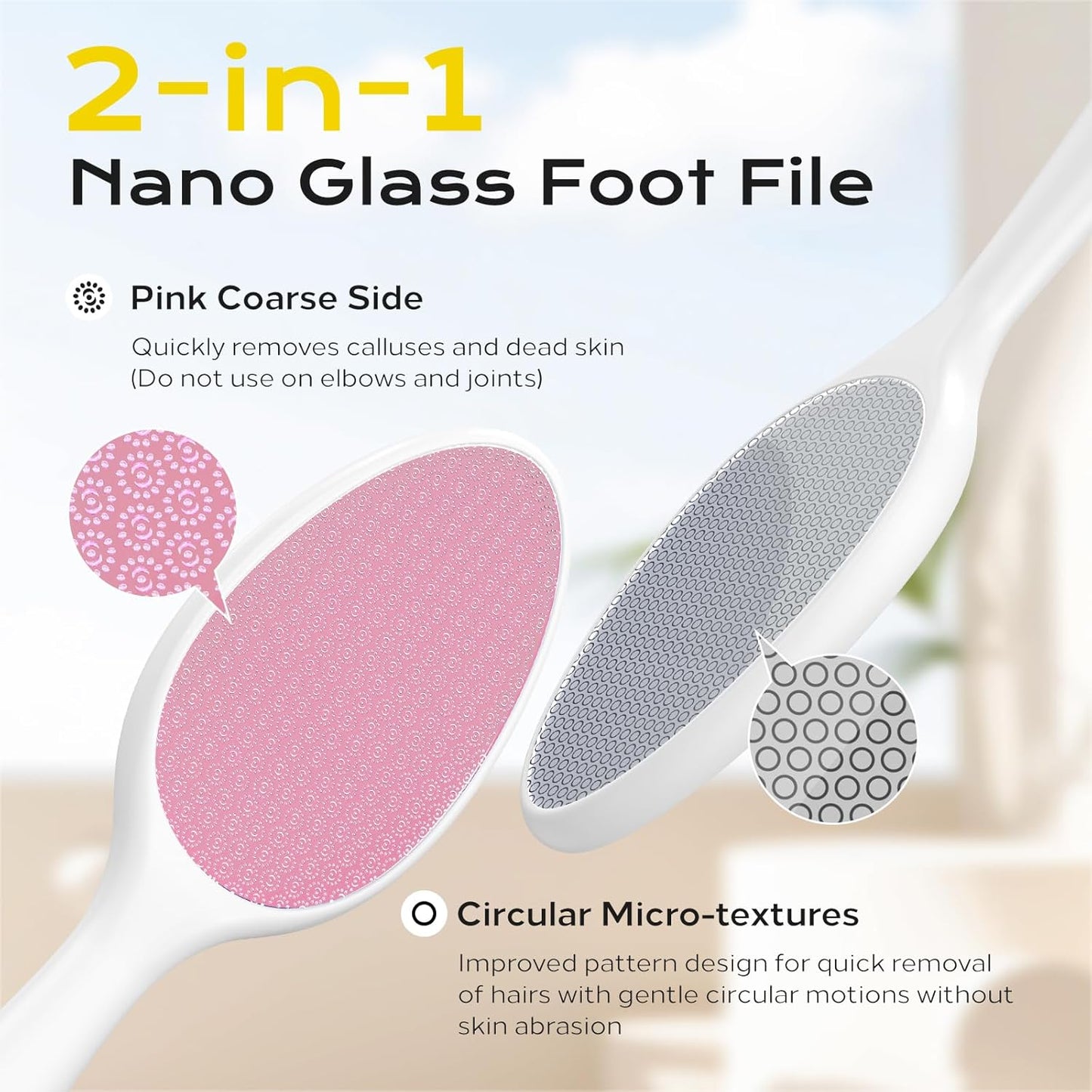 Foot File, Nano Glass Foot File Callus Remover with Handle, 2-in-1 Foot Scrubber Dead Skin Remover, Gentle Exfoliation Foot Buffer Pedicure Tools for Feet-Pink