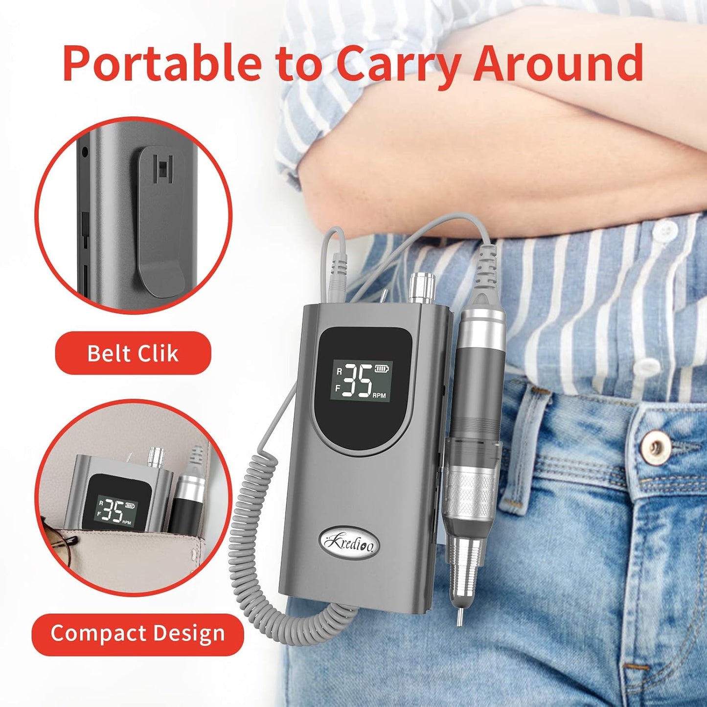 Kredioo Nail Drill 35000RPM Professional Electric Nail Drill Rechargeable Portable Efile Machine 6 Bits Kit Remove Acrylic Gel Nails Dip Powder for Salon Manicure Pedicure -Grey