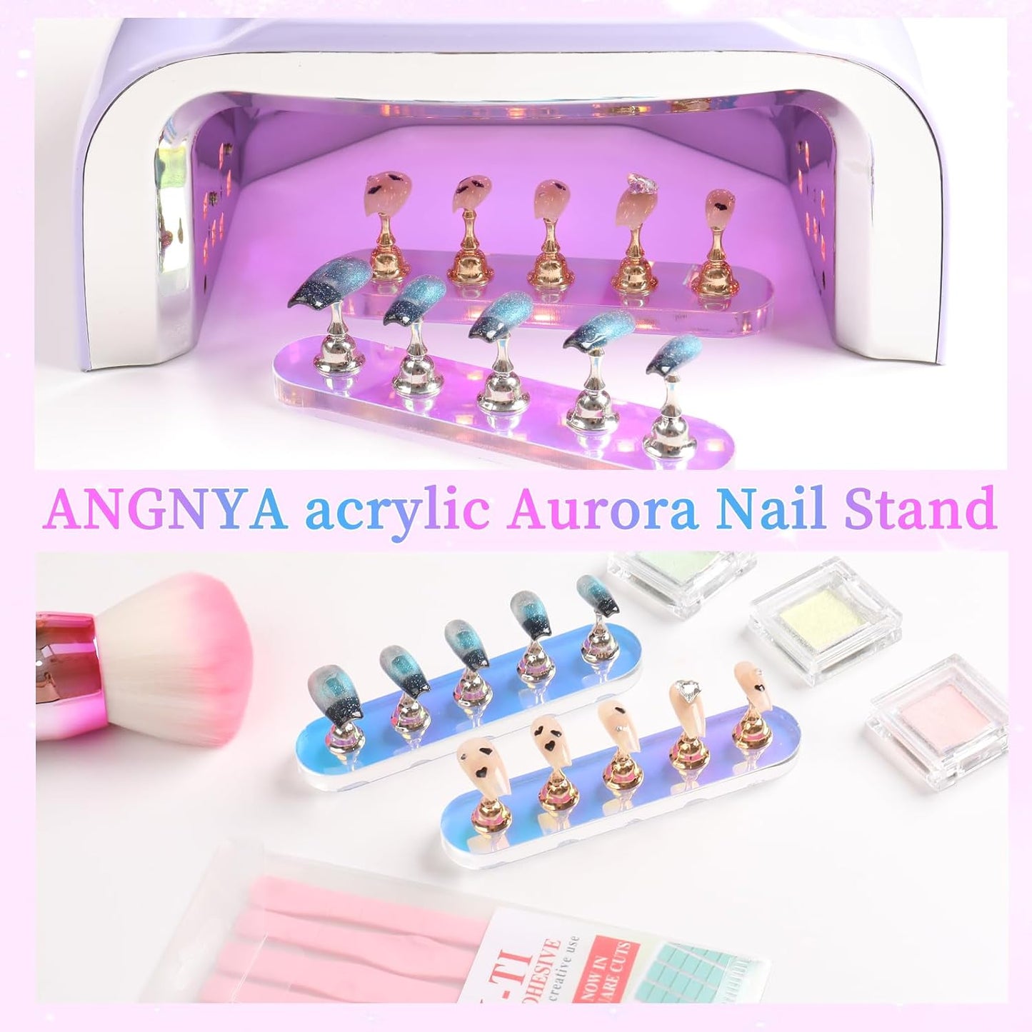 ANGNYA Nail Stand for Press on, 2 Set Aurora Nail Holder for Painting Nails Press on Nail Stands with 96 Pcs Reusable Sticky Putty for Nail Art Display Home & Salon Use