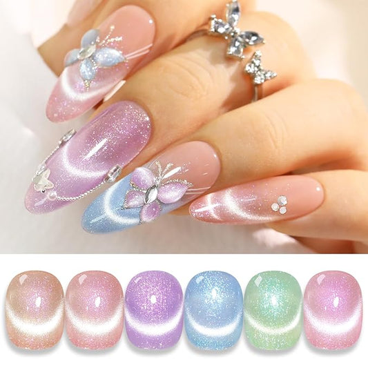 Double Rhythm 6 Colors Cat Eye Gel Polish Set Shimmer Glitter with Magnet Holographic Reflective Magnetic UV Nail Art Kit (6-Kit-48)