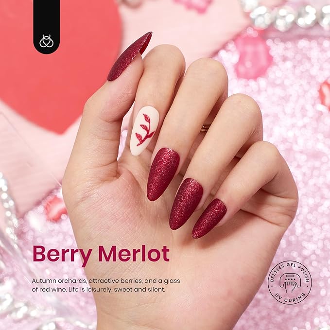 beetles Burgundy Gel Polish Set - Berry Merlot 6 Colors Plum Gel Polish, Cherry Mocha Red Glitter Fall Winter Dark Purple Wine Nails Color, U V LED Soak Off Home DIY Manicure Nail Salon