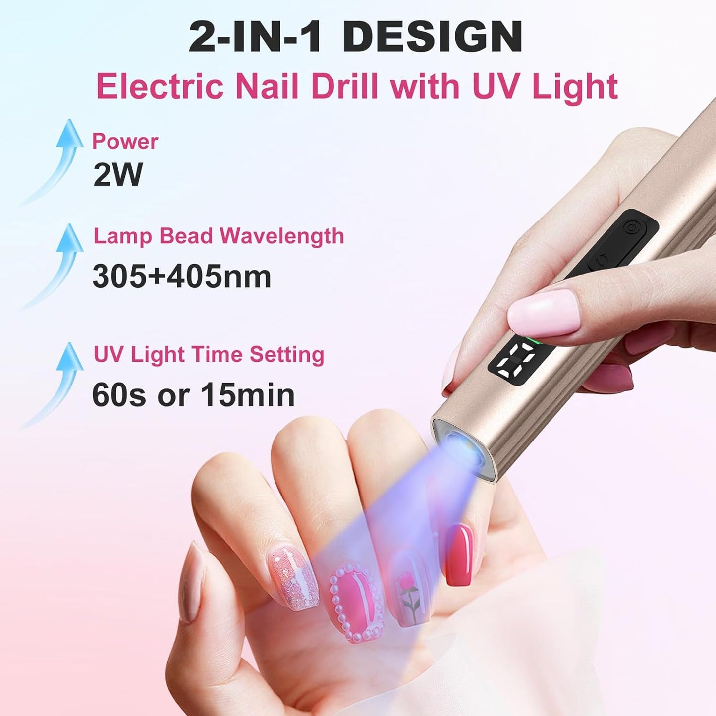 SUPERNIGHT Cordless Electric Nail Drill with UV Light Lamp, 14 in 1 Electric Nail File Drill, 5 Speed LCD Display Rechargeable Professional Manicure Pedicure Kit(Gold)