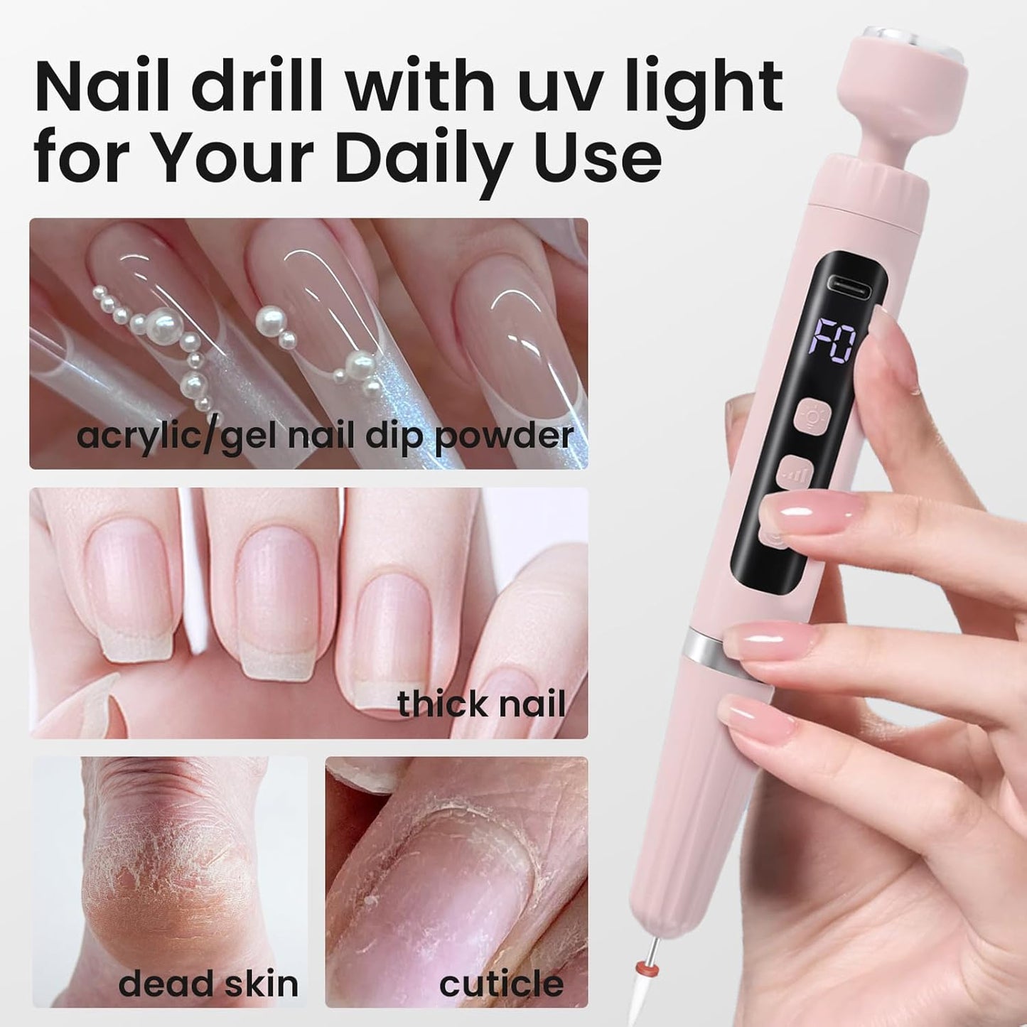 Cordless Nail Drill Electric Nail File with UV Light,Portable Professional Rechargeable Electric Nail Grinder Machine for Thick Nails,Acrylic Gel Nails & Natural Nails,for Home & Travel