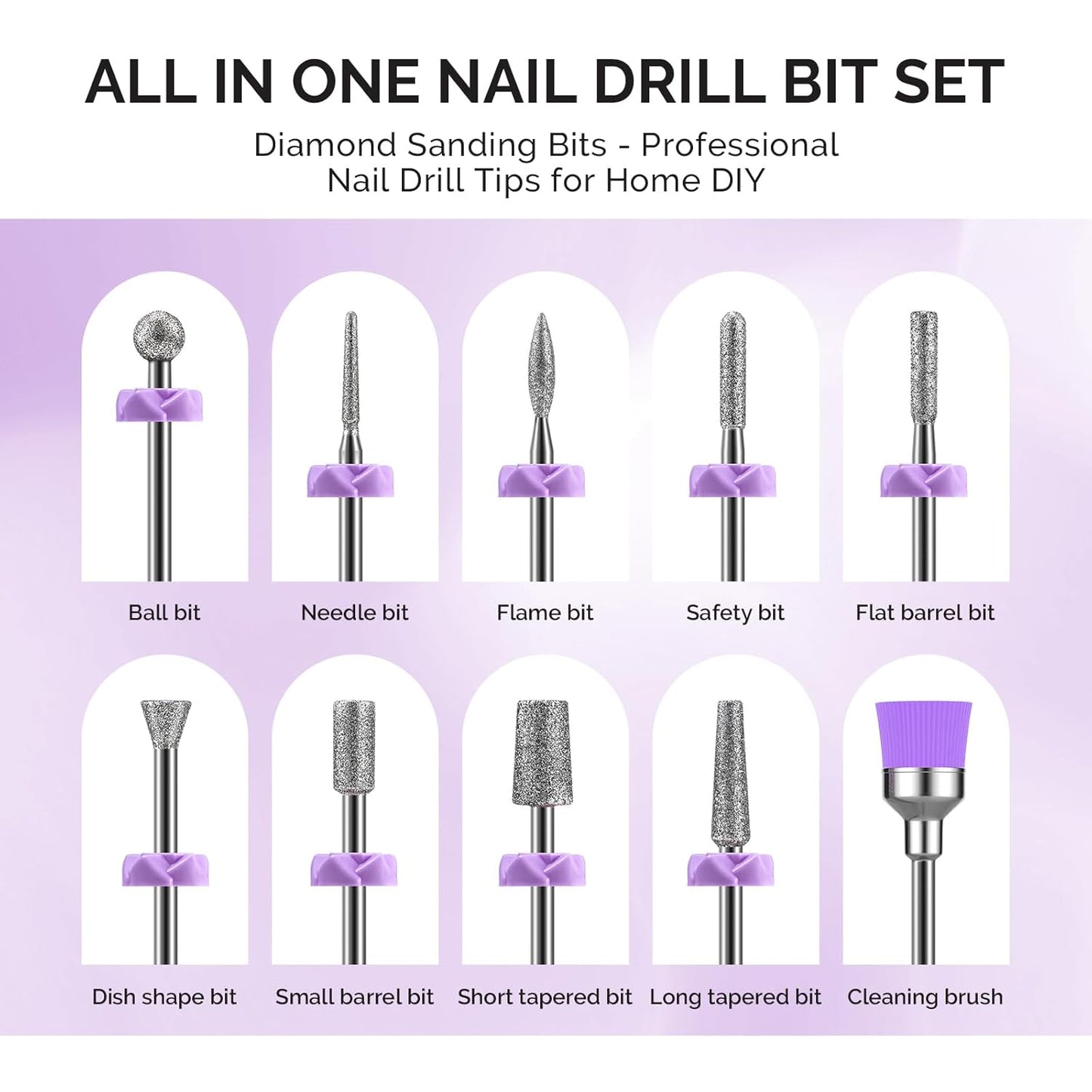 MelodySusie Nail Drill Bits, 10Pcs Diamond Sanding Bit Set with 40pcs Sanding Bands (#120#180#240 Grits) with 6.65mm Mandrel Bit, Nail Gel Polish Remover Tool for Acrylic Nails Manicure Nail Prep