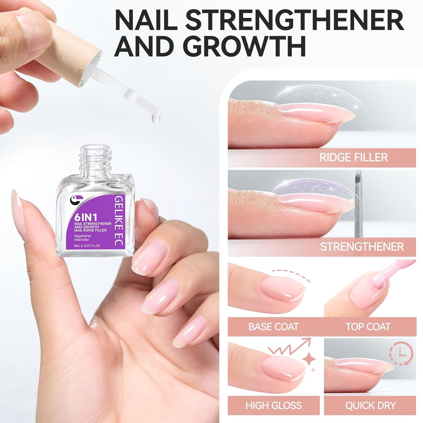 Women Nail Strengthener Protein for Daily: Clear Gelike EC 6 in 1 Nail Treatment for Weak and Damaged Nails Everyday - Nail Polish Hardener for Home Salon Travel Spa Gift