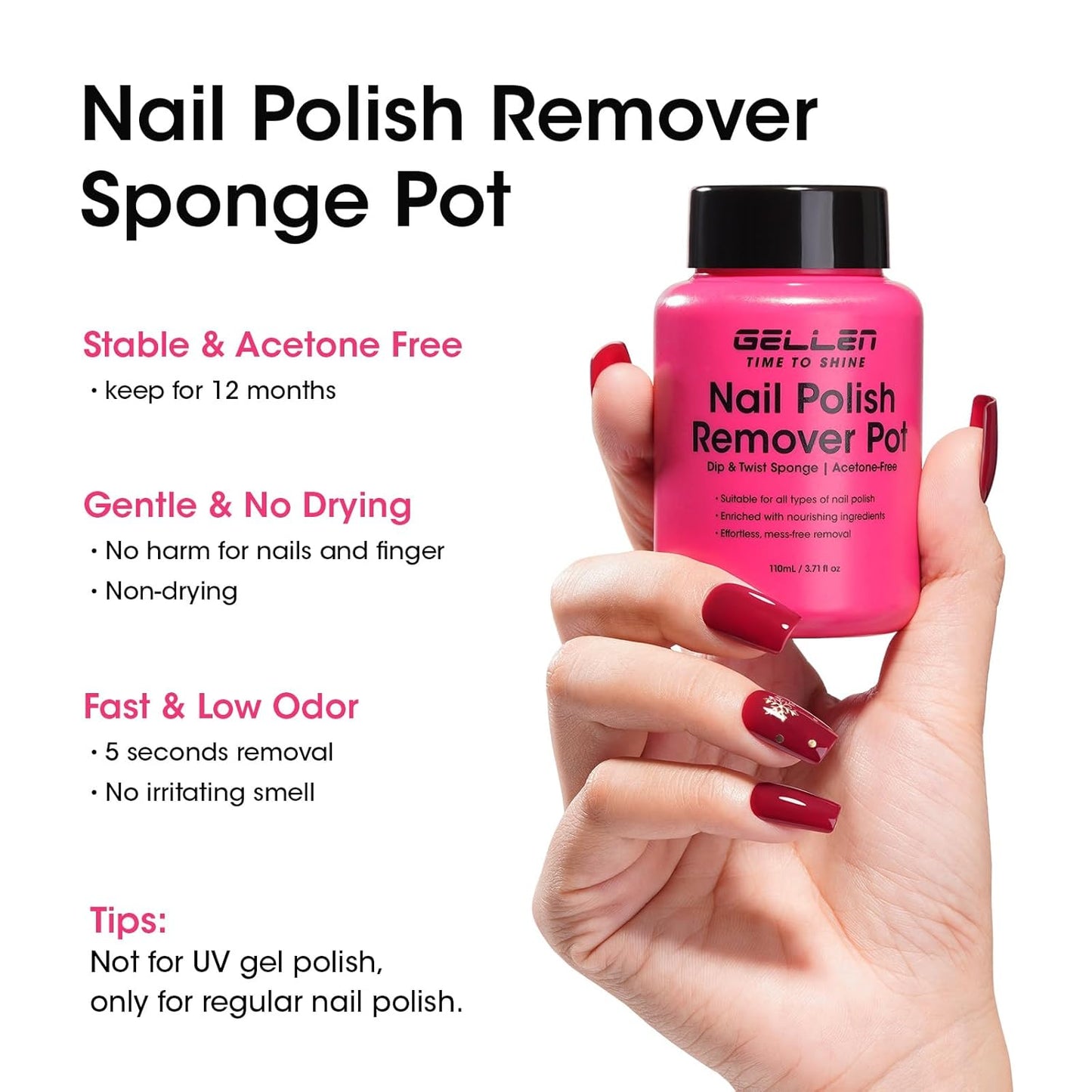 Gellen Nail Polish Remover, Dip Twist Sponge Nail Polish Remover Pot For Fingernail Toenail, Non-Acetone, Fragrance Free, 5-9s Quick Removal, Non-drying Formula Shea Butter & Vitamin E, Non-toxic
