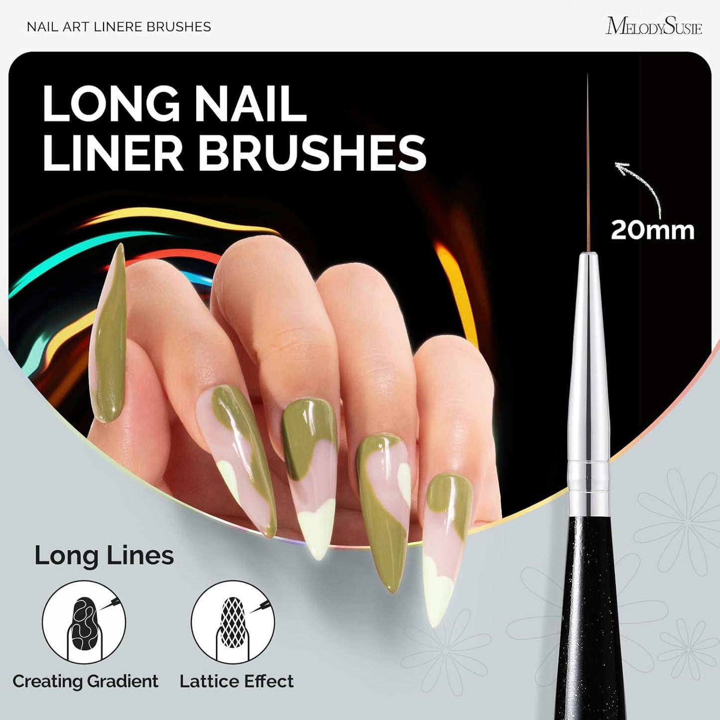 MelodySusie Nail Art Liner Brushes 5Pcs Professional Gel Polish Painting Art Design Pen Set for Thin Long Lines, Tiny Details, Fine Drawing, Delicate Coloring Sizes 5/7/9/11/20mm