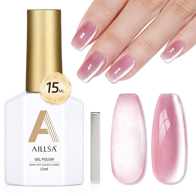 AILLSA Glass Cat Eye Gel Nail Polish, 15ml Pink Glitter Jelly Sheer Gel Polish, Translucent Magnetic Shimmer Sparkle Nail Art U V Salon 0.5 OZ GF36