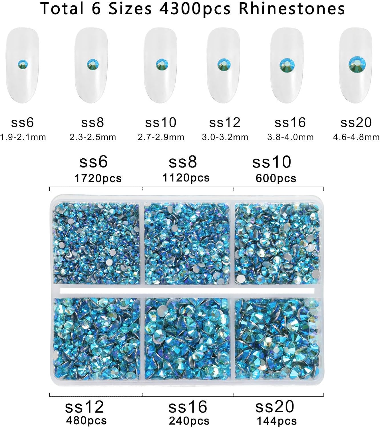 Beadsland 4300pcs Flatback Rhinestones,Blue Rhinestone Nail Gems Round Crystal Rhinestones for Crafts,Mixed 6 Sizes with Picking Tweezers and Wax Pencil Kit, SS6-SS20,Aquamarine AB