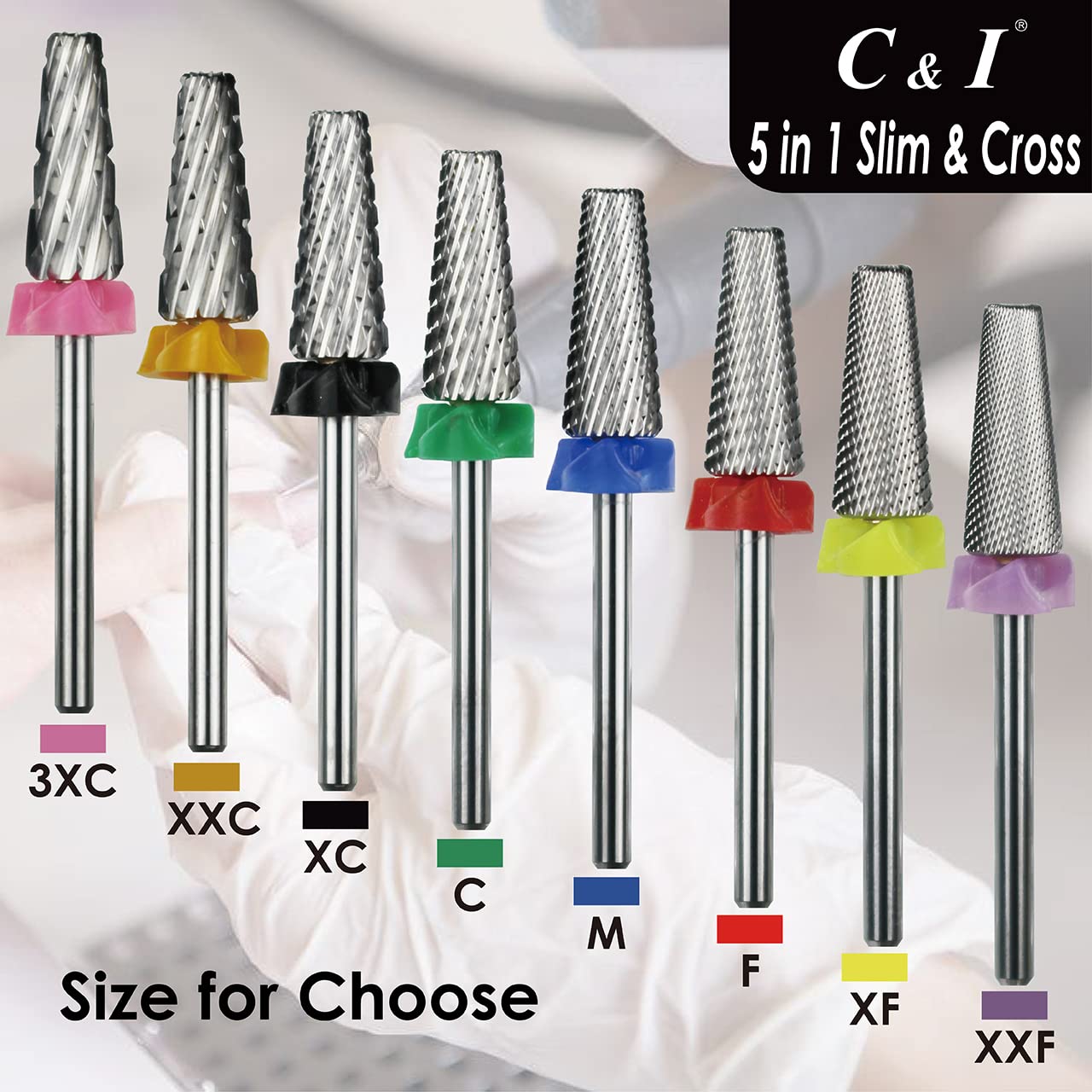 C & I 5 in 1 Nail Drill Bit, Cross & Slim Edition, Professional Nail Drills for Electric Manicure Drill Machine (Extra Fine -XF)