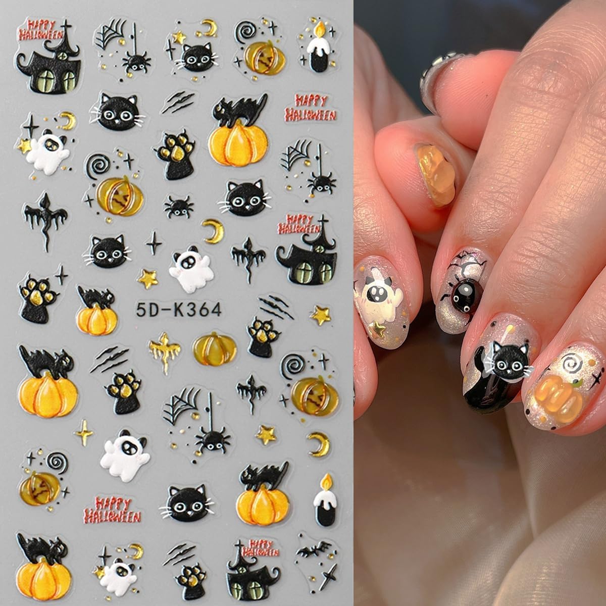 Halloween Nail Art Stickers Decals Cute Ghost Black Cat Nail Decals 2PCS 5D Embossed Gold Pumpkin Spider Web Castle Cat Paw Self-Adhesive Design Halloween Nail Stickers for Women Manicure Decorations