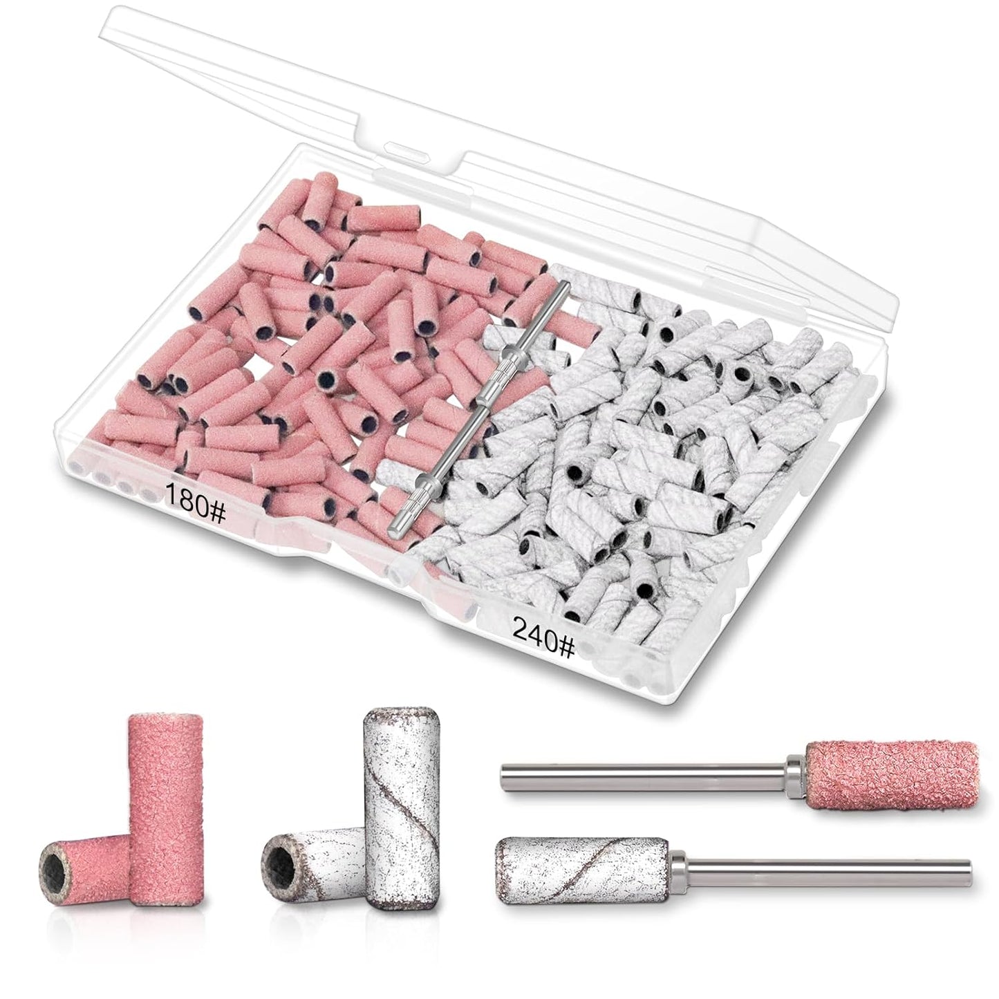 200pcs Small Sanding Bands for Nail Drill with 2pcs 3/32’’ Upgrade Mandrels Bits, Mixed Mini Sanding Bands for Nail Drill for Manicure Nail Salon and Nail Enthusiasts Use (180#Pink+240#White)