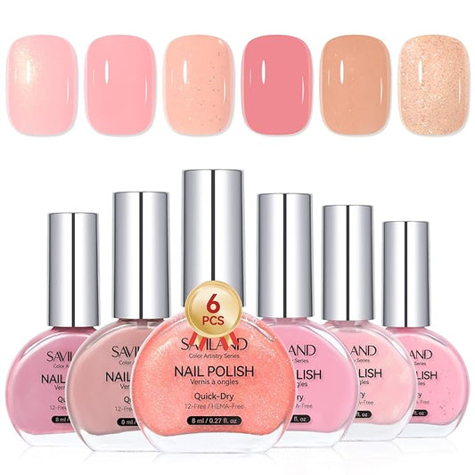 SAVILAND Color Artistry Pink Nail Polish Set: 6-Color Quick Dry Nail Polish Nude Shimmer Glitter Pearl Pink Fingernail Polish Set 12-Free Nail Lacquer DIY Modern Minimalist Gifts for Women
