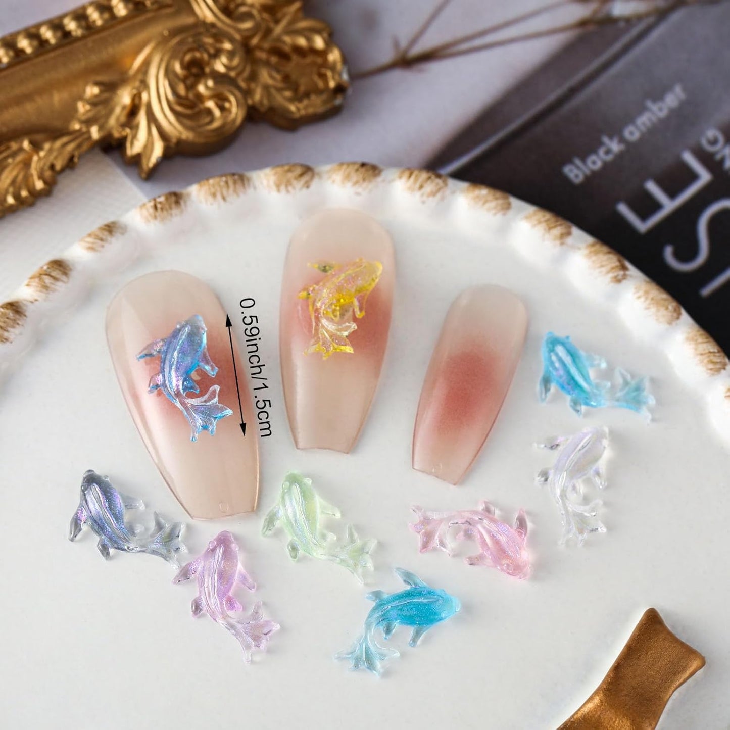 100PCS Beach Nails Charms, Summer Ocean Series 3D Resin Nail Rhinestone Mixed Dolphin Nail Gem for Women Girls Manicure DIY Crafts Accessories