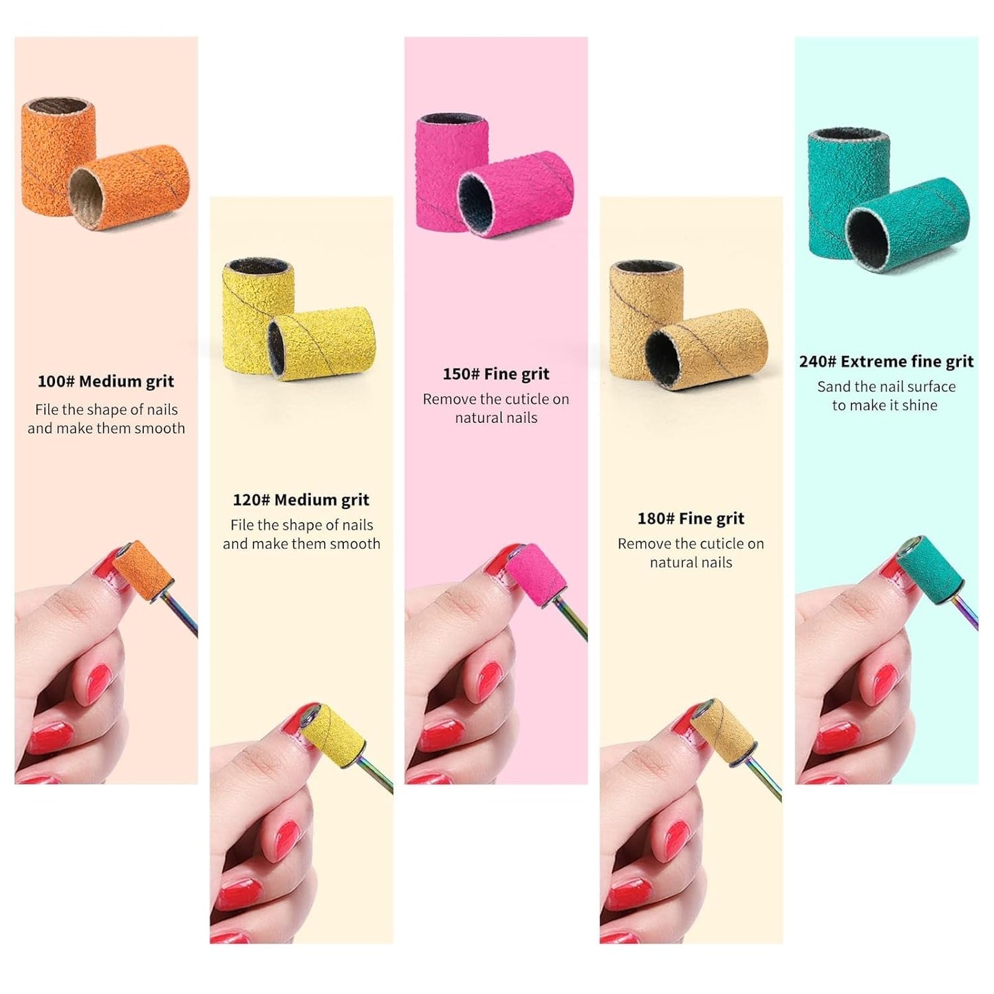 Sanding Bands for Nail Drill KOYOPEPI Nail Drill Sanding Bits #100#120#150#180#240 Grits 250Pcs Nail Sanding Bands Mandrel Bit