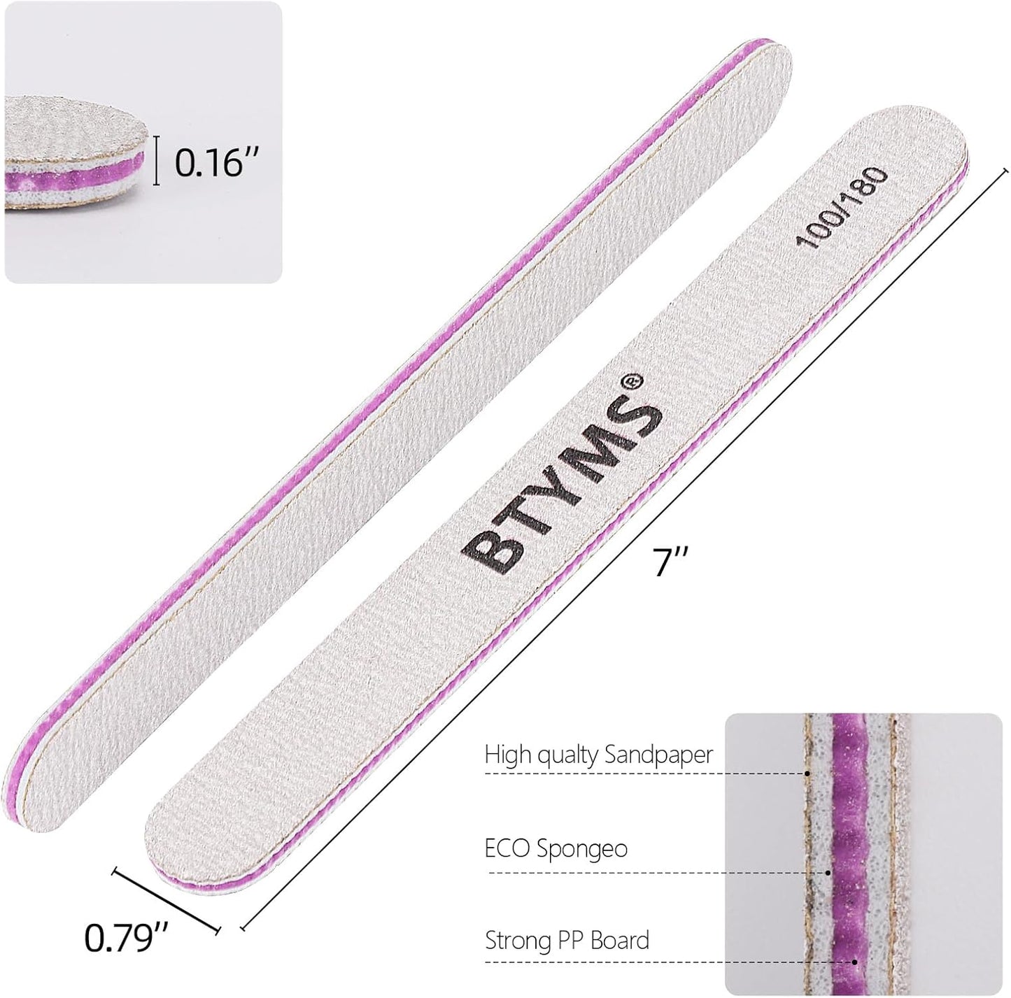 BTYMS 50Pcs Nail Files for Acrylic Nails 100/180 Grit, Reusable Buffering Files Double Sided Emery Boards for Nails