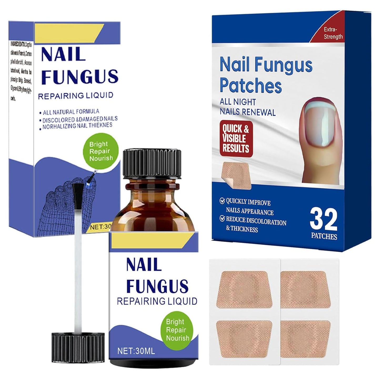 Toenail Fungus Treatment Extra Strength Kit, 30ml Nail Repair Solution and 32 Nail Renewal Patches for Damaged Thick Discolored Toenails and Fingernail