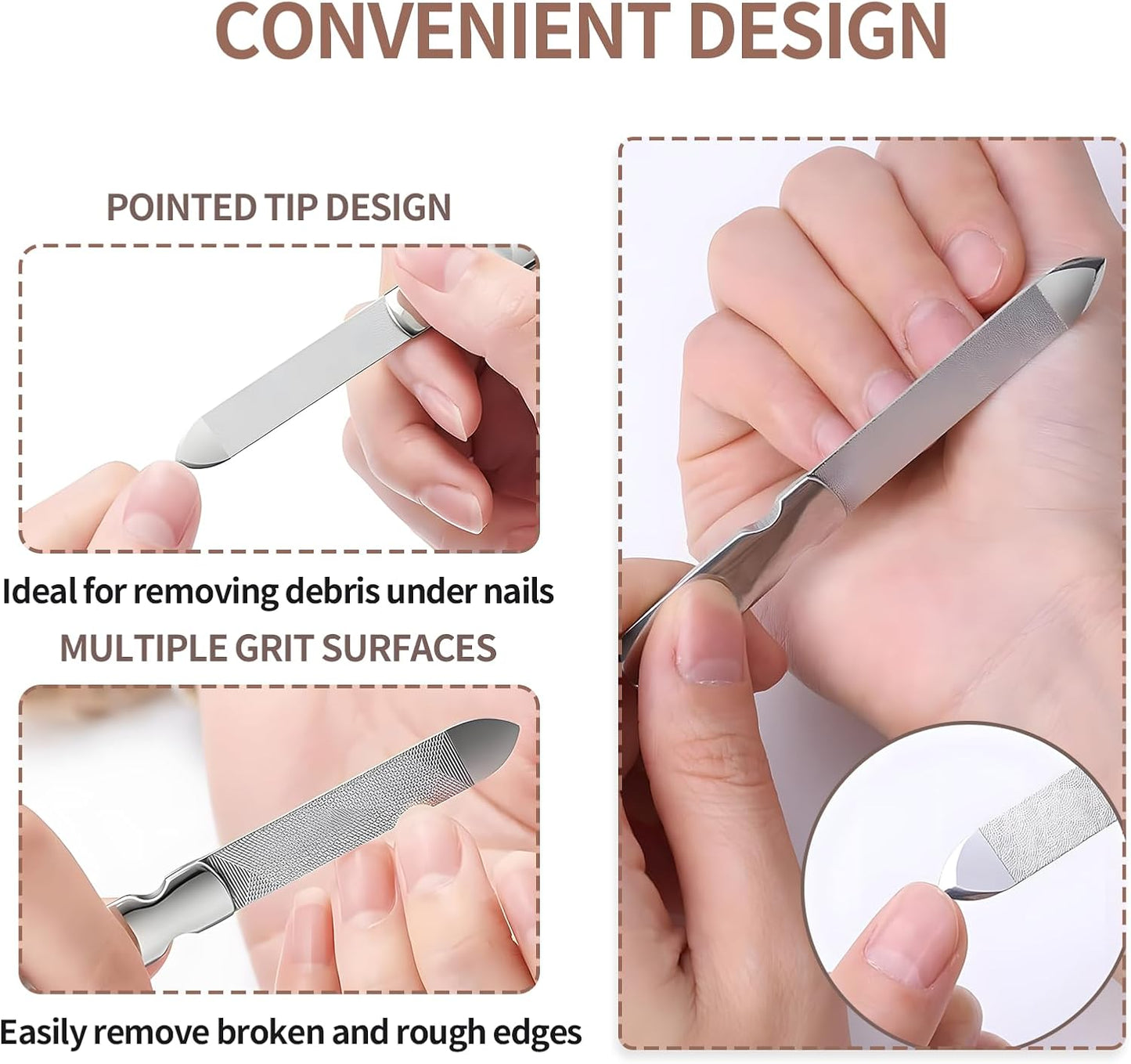 Metal Nail File (2 Pcs), Nail Files for Natural Nails & Toenails, Thick Nails Made of Stainless Steel, Double Sided Metal Nail Files with Anti-Slip Handle for Fingernail Toenail, Home or Salon Use
