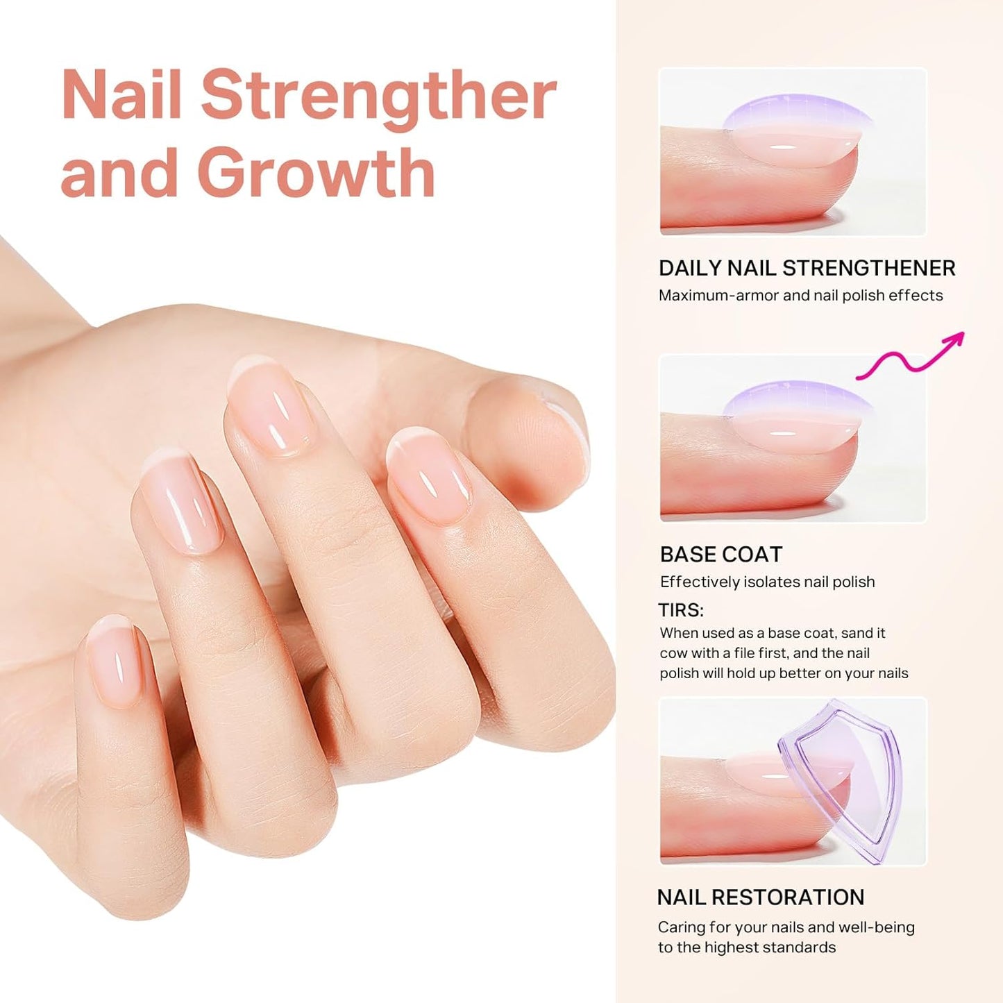 MIZHSE Nail Strengthener, Nude Color Air Dry Nail Repair Treatment Growth Polish, Natural Concealer Ridge Filler for Nails Foundation Polish for Thin and Damaged Nails 16ML