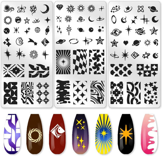 3Pcs Fantasy Stars Nail Stamping Plate Planets Sun Moon Nail Art Stamp Templates Stainless Steel Reusable Tools with Stamper Scraper for Manicure Printing