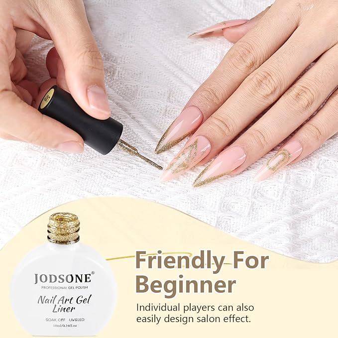 JODSONE 10ml Nail Art Gel Liner Glitter Gold Gel Nail polish Need U V Lamp Cured with Thin Brush at Home Salon Design Gift for Girls
