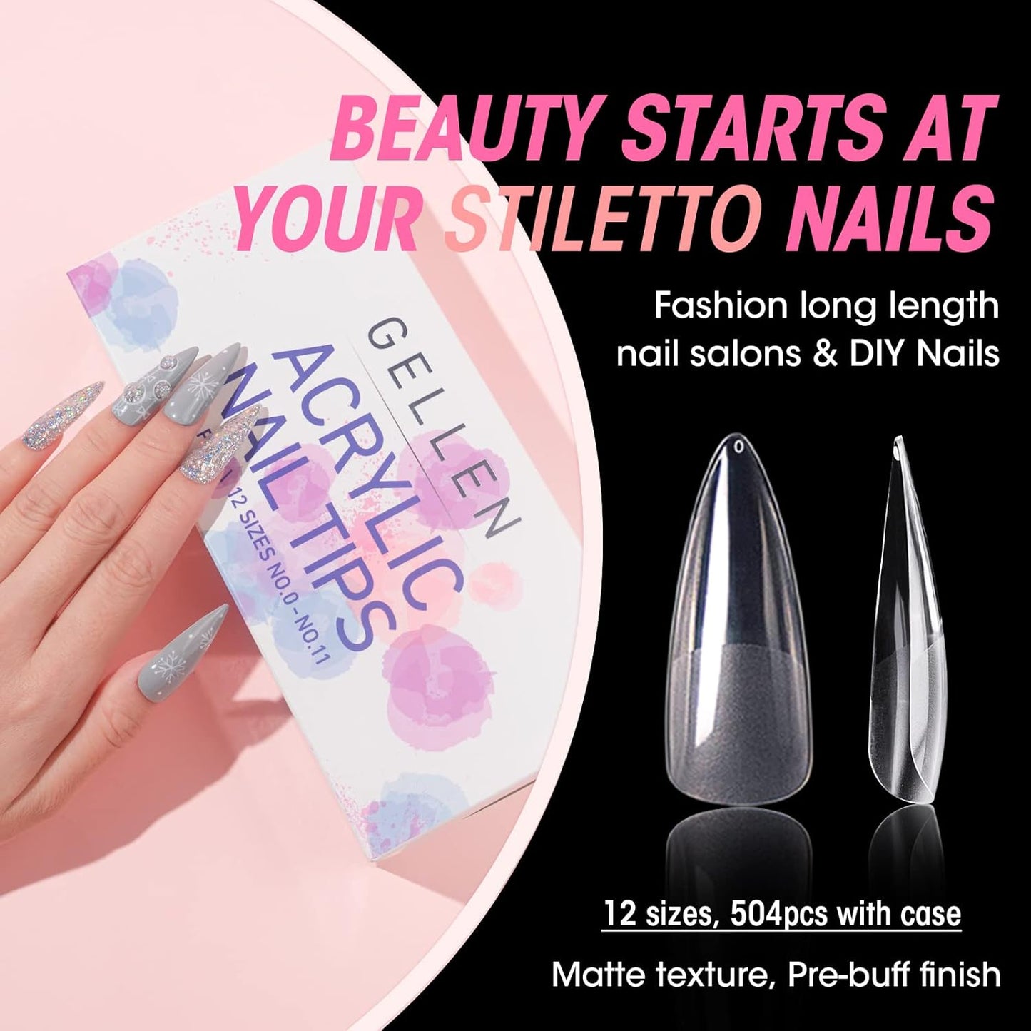 Gellen Stiletto Fake Nails 504Pcs Nail Tips, Acrylic Nail Kit Stiletto Pre-Shaped Press On Nails, Clear False Nail Extension Kit, Full Cover Soft Gel Nail Tips, Salon Nail Art Manicure Set, 12 Sizes