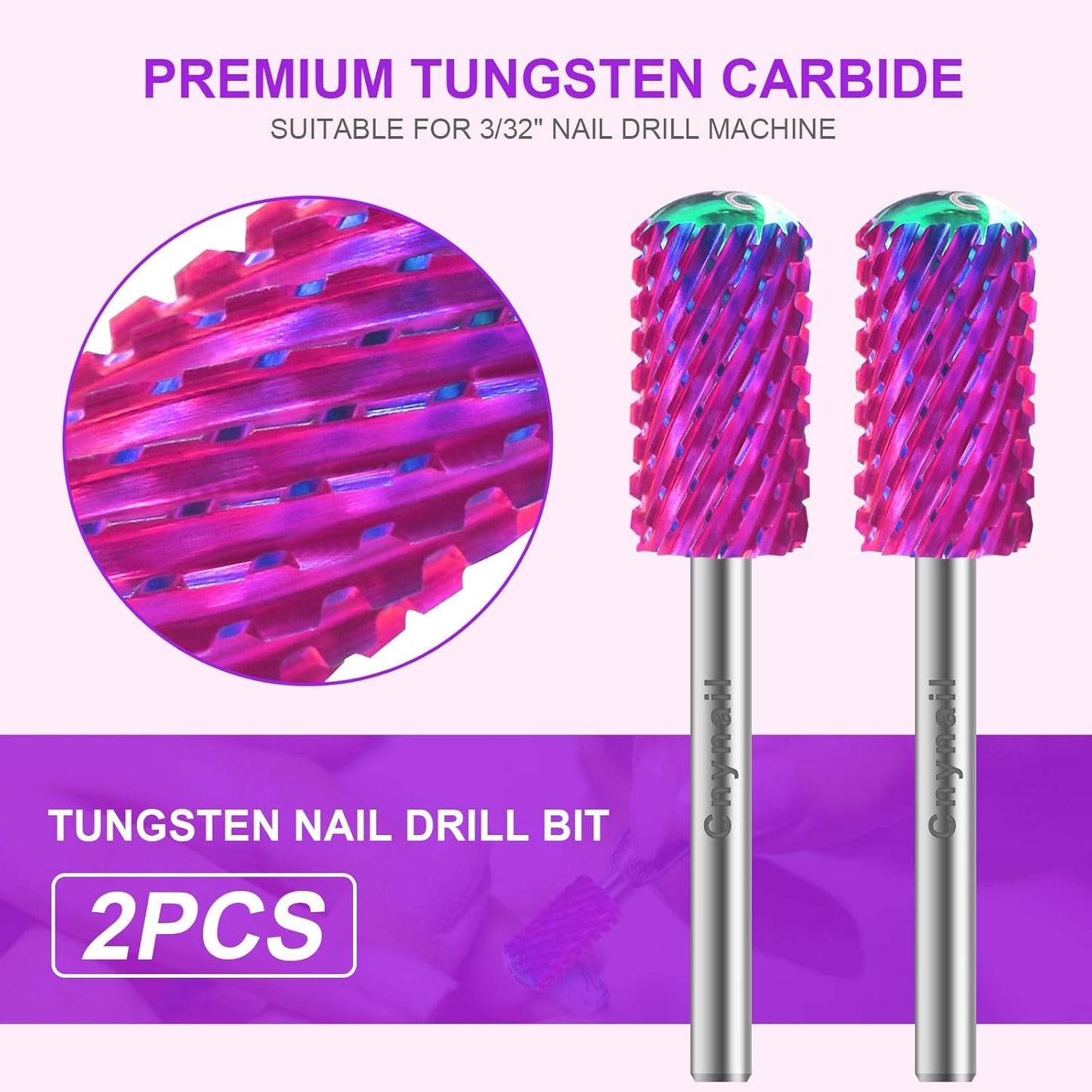3/32" 2PCS Large Barrel Smooth Round Top Tungsten Carbide Nail Drill Bit Safety Bit for Gel & Acrylic Removal, 2-Way Rotating Efile Tip, Salon Electric File Accessory (XXC Grit, Purple)