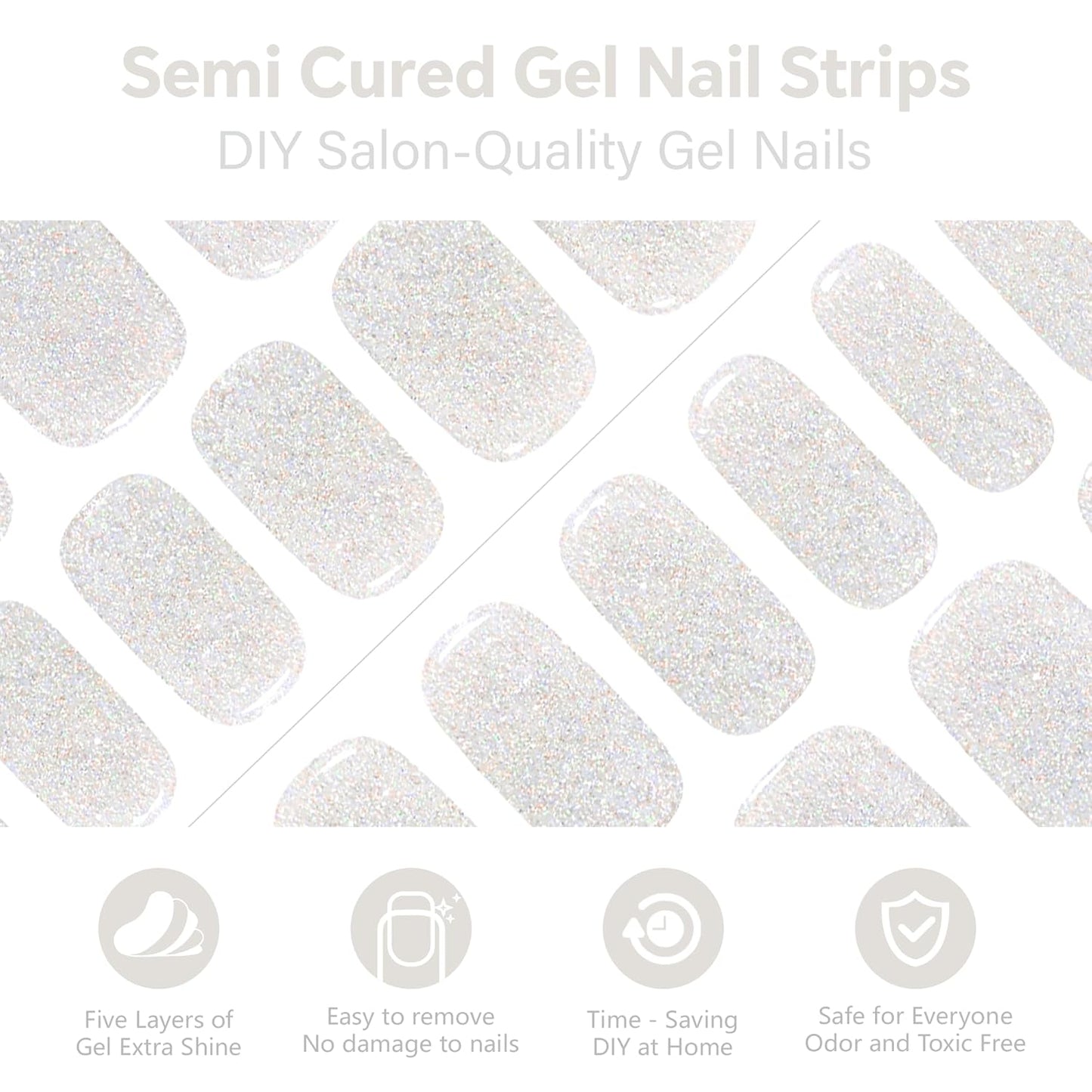 Semi Cured Gel Nail Strips-Works with Any UV/LED Lamps(Gleam Silver)