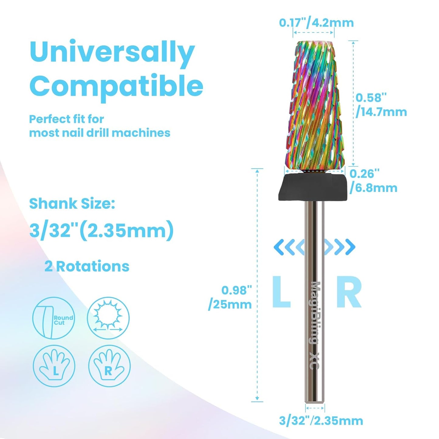 Professional 5 in 1 Tapered Nail Drill Bits, 3/32'' Safety Tungsten Carbide Bits, Remove Hard Gel Fast, Left & Right Hand Use, Easy for Beginner, Technicians Bits, Extra Coarse.