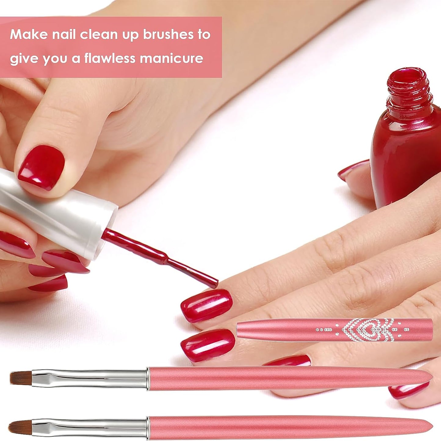 cobee Nail Clean Up Brush, 2PCS Nail Art Clean Up Brushes Nail Painting Brushes Nail Remover Brush Nail Pen Painting Tools for Nail Art Design Manicure Mistake Cleaning(Round, Angled, Rose Red)