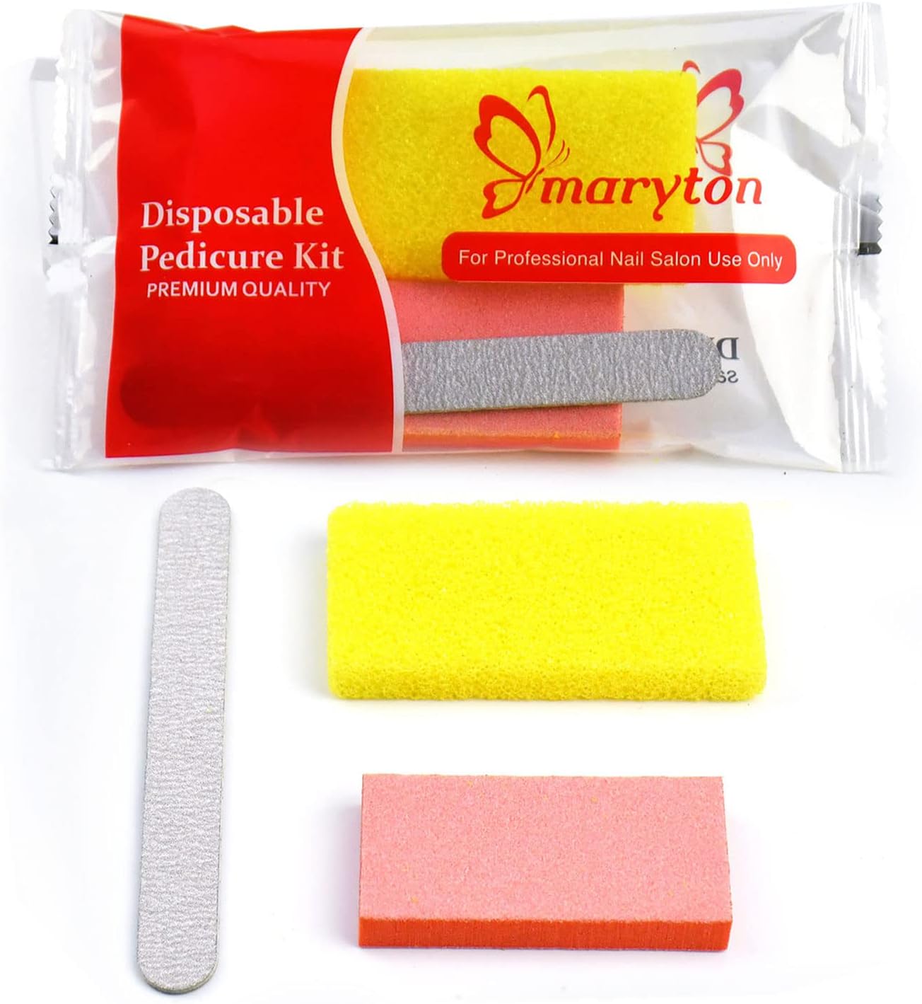 Maryton Disposable 3-Piece Pedicure Kit, Wood Nail File 100/180 Grit, Orange Buffer 80/100 Grit, Yellow Pumice Pad, 100-Count