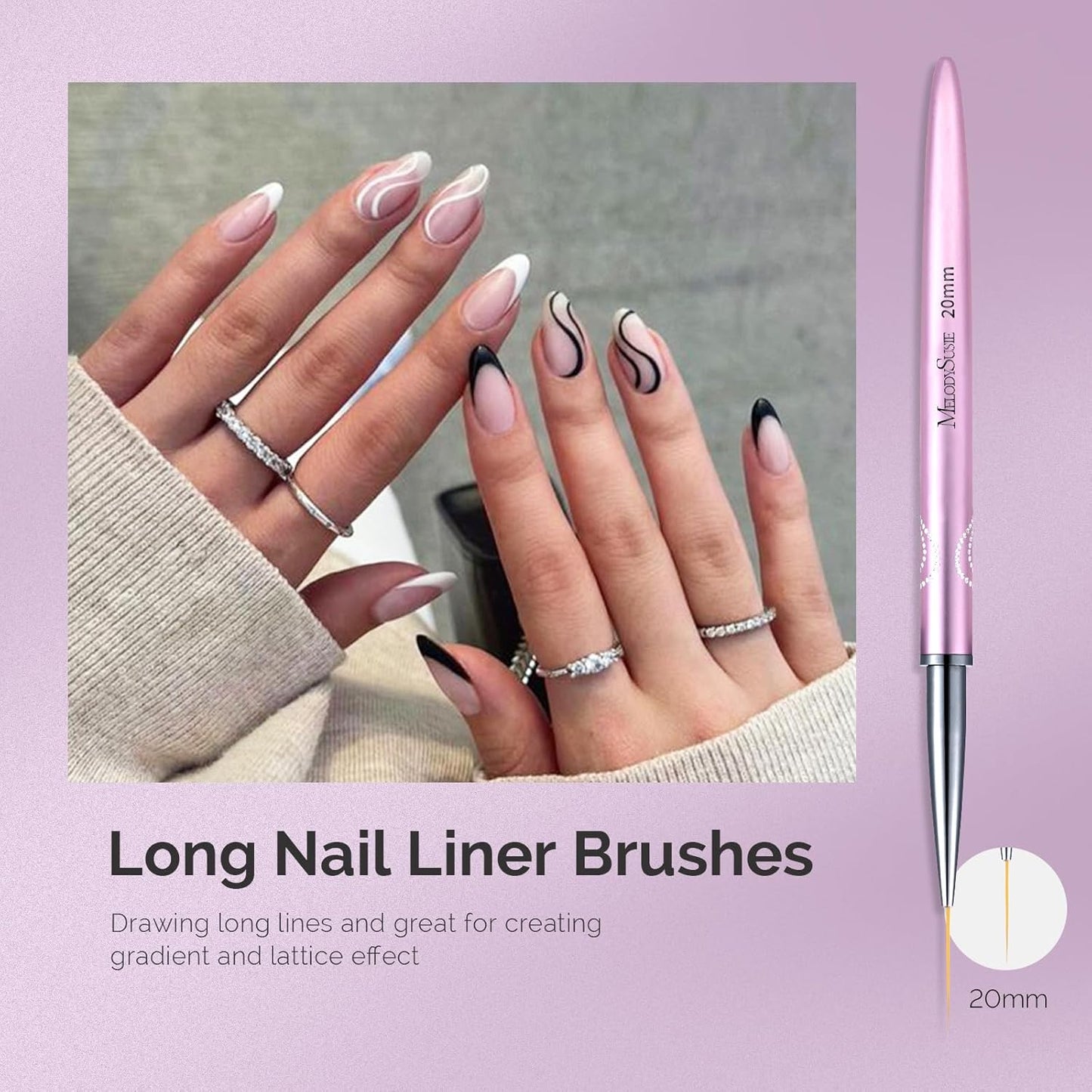 MelodySusie Nail Art Liner Brushes 5Pcs Professional Gel Polish Painting Art Design Pen Set for Thin Long Lines, Tiny Details, Fine Drawing, Delicate Coloring,Sizes 5/7/9/11/20mm