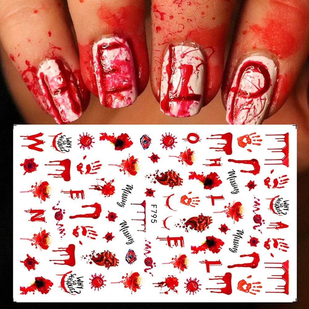 TOFD Blood Nail Art Stickers Halloween Sticker Decals, Self Adhesive 3D Supplies Scar Clown Snake Eye Heart Designs for Women Girls Acrylic Nails, 4 Count (Pack of 1)