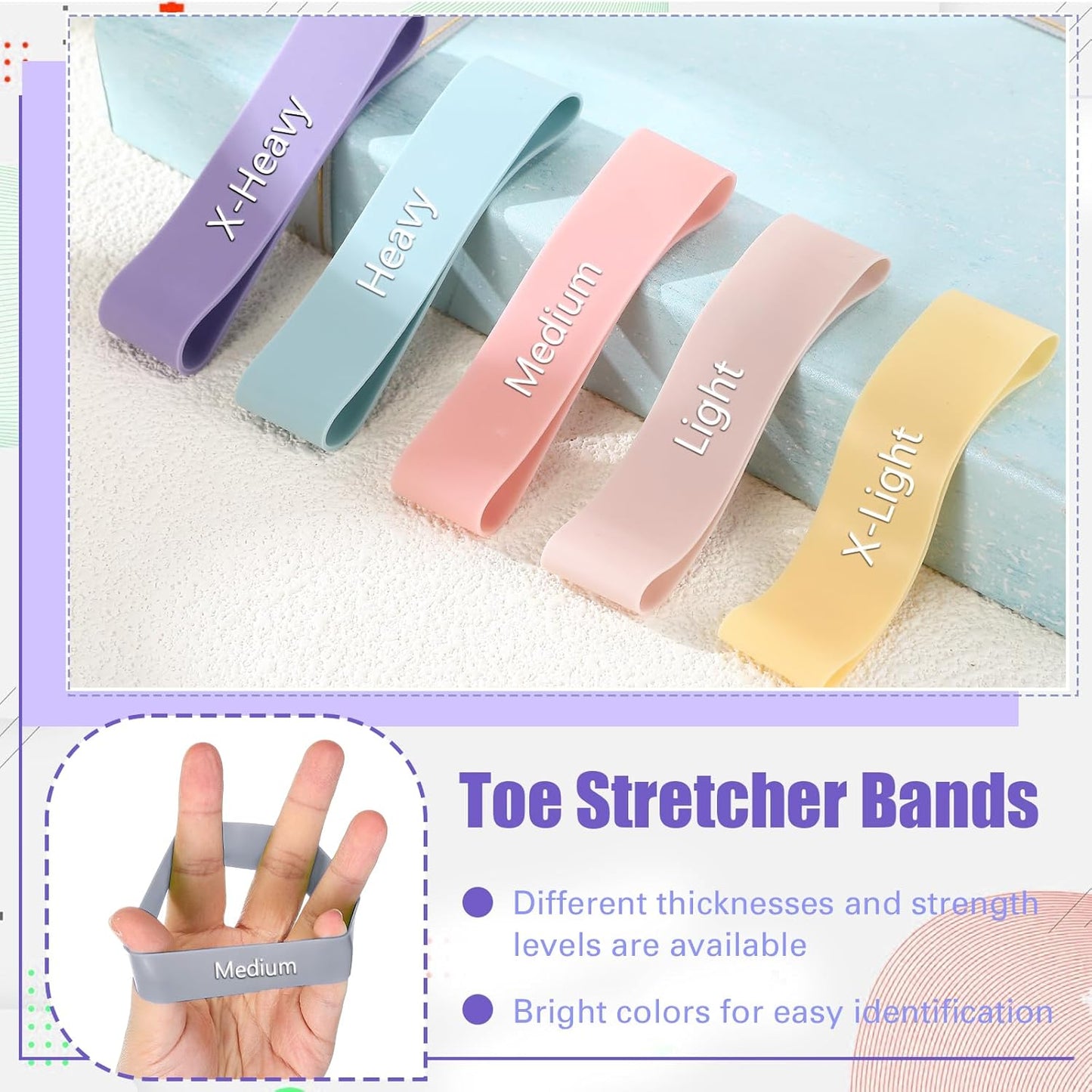 Set of 5 Toe Stretcher Bands for Bunions Correction Foot Big Toe Spacers Resistance Straightener Loop Bands with Carry Bag for Women Men Hallux Valgus Alignment Yoga Exercise (Pastel)