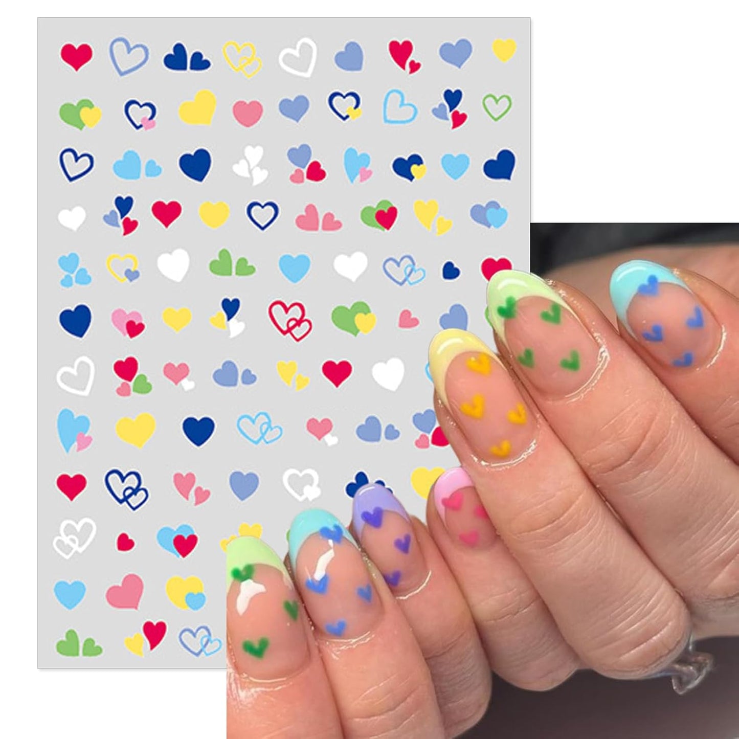 Valentine's Day Nail Art Stickers - Cute Colorful Heart Nail Decals, Self-Adhesive Rainbow Pride Love for DIY 3D Nail Supplies Decoration (4 Sheets)