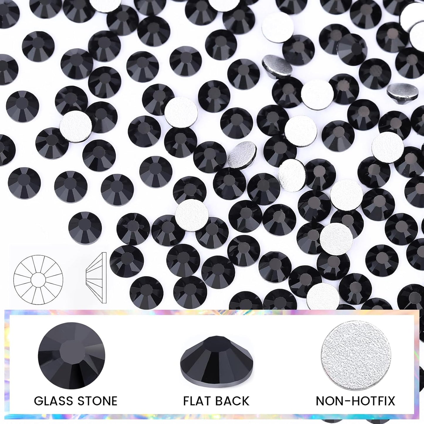 Novani Black Rhinestones, Flatback Crystal Loose Gemstones 1440pcs Glass Rhinestones for Clothes Shoes Crafts Makeup Nail Art and DIY Decorations(SS12, 3mm)
